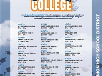 10/14/25 3PM - 6PM MT. PLEASANT HS C4C 10/22/25 2PM - 6PM OAK GROVE HS C4C 10/29/25 2:30PM - 7PM JAMES LICK HS C4C 11/5/25 2PM - 6PM PIEDMONT HILLS HS C4C 11/18/25 5PM - 7PM SANTA TERESA HS C4C 11/19/25 4PM - 7PM ANDREW HILL HS C4C 12/2/25 3PM - 6PM MT. PLEASANT HS C4C 12/3/25 2PM - 7PM YERBA BUENA HS C4C 12/4/25 4PM - 7PM OVERFELT HS C4C 12/9/25 3:30PM - 6:30PM INDEPENDENCE HS C4C 12/10/25 2:30PM - 7PM JAMES LICK HS C4C 1/14/26 3PM - 6PM SILVER CREEK HS C4C 1/14/26 2:30PM - 7PM JAMES LICK HS C4C 1/15/26 5PM - 7PM SANTA TERESA HS C4C 1/15/26 5PM - 7:30PM EVERGREEN VALLEY HS C4C 1/28/26 4PM - 7PM ANDREW HILL HS C4C 2/4/26 2PM - 6PM OAK GROVE HS C4C 2/5/26 4PM - 7PM APOLLO HS C4C 2/10/26 3PM - 6PM MT. PLEASANT HS C4C 2/12/26 4PM - 7PM APOLLO HS C4C 2/12/26 2PM - 6PM PIEDMONT HILLS HS C4C 2/23/26 2PM - 7PM YERBA BUENA HS C4C 2/25/26 2:30PM - 7PM JAMES LICK HS C4C 2/26/26 3:30PM - 6:30PM INDEPENDENCE HS C4C 2/26/26 4PM - 7PM OVERFELT HS C4C 3/24/26 2:30PM - 7PM JAMES LICK HS C4C