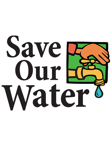 cartoon hand turning tap on leaky faucet. Text reads "Save our water"